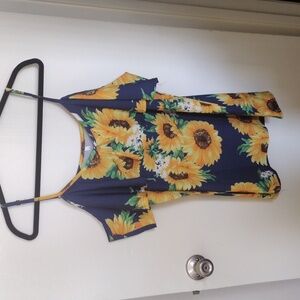 Navy blue and sunflower off the shoulder tank top